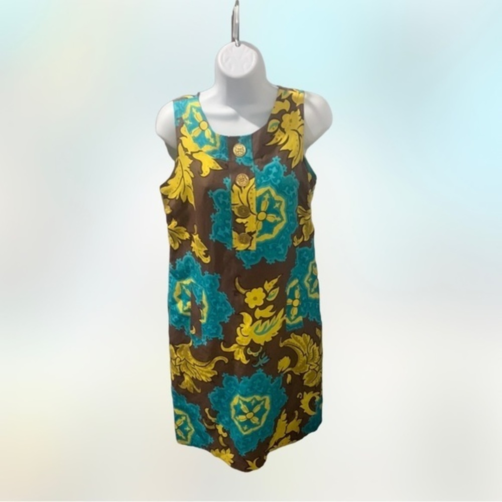 Taylor 6 Dress Brown Blue Yellow Silk Linen Retro Pockets Sleeveless Women